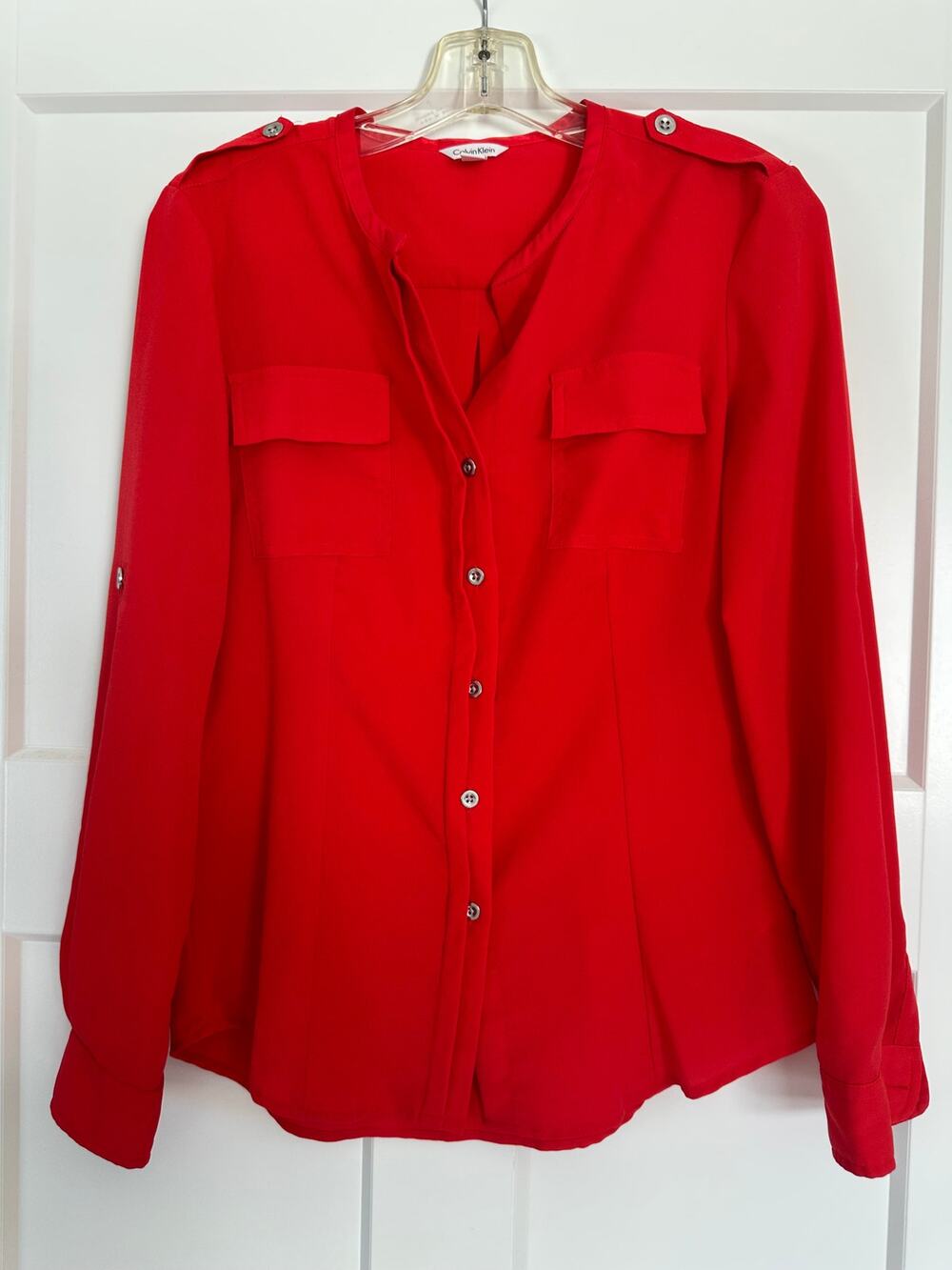 Calvin Klein Red Convertible Sleeve Button-Down Dress Shirt Size S